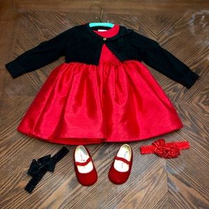 Red Formal Baby Dress 12m tights, shoes, cardigan
